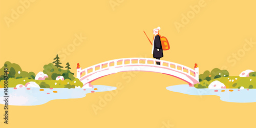 A serene scene of a solitary traveler traversing a delicate bridge, evoking feelings of tranquility and a spiritual journey through the natural world.