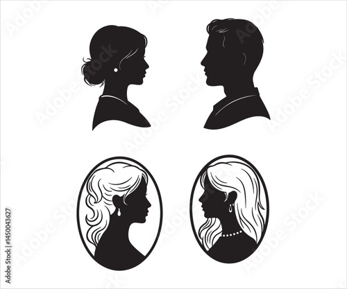 A collection of black and white silhouettes depicting a couple, including their head and body shapes.