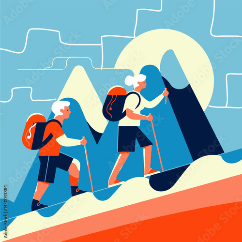 Senior couple hiking on a mountain trail in vibrant colors  