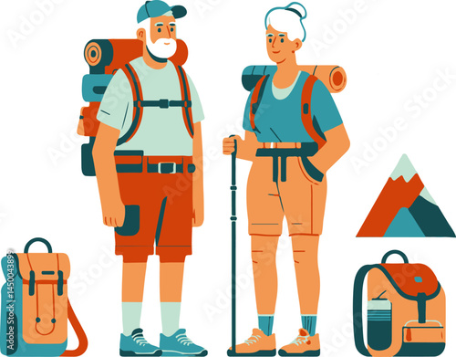 Senior couple hiking on mountain trail with backpacks 
