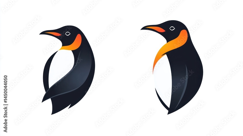 Obraz premium Two stylized penguin profiles, front and side views, isolated on white. Suitable for print or digital media
