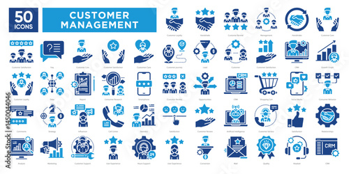 Customer relationship management icons collection set, featuring support, loyalty, analytics, communication, and user experience. Ideal for CRM systems, marketing, and business tools.