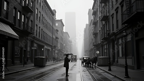 モノクロ写真の霧が多い雨の日、1920年代のニューヨークの風景