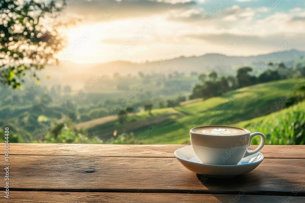 Enjoying a serene cup of coffee with a breathtaking green countryside view at sunrise, Cup of coffee on table with lush green countryside view and morning mist Relaxation concept Enjoying a serene cup of coffee with a breathtaking green countryside view at sunrise, Cup of coffee on table with lush green countryside view and morning mist Relaxation concept
