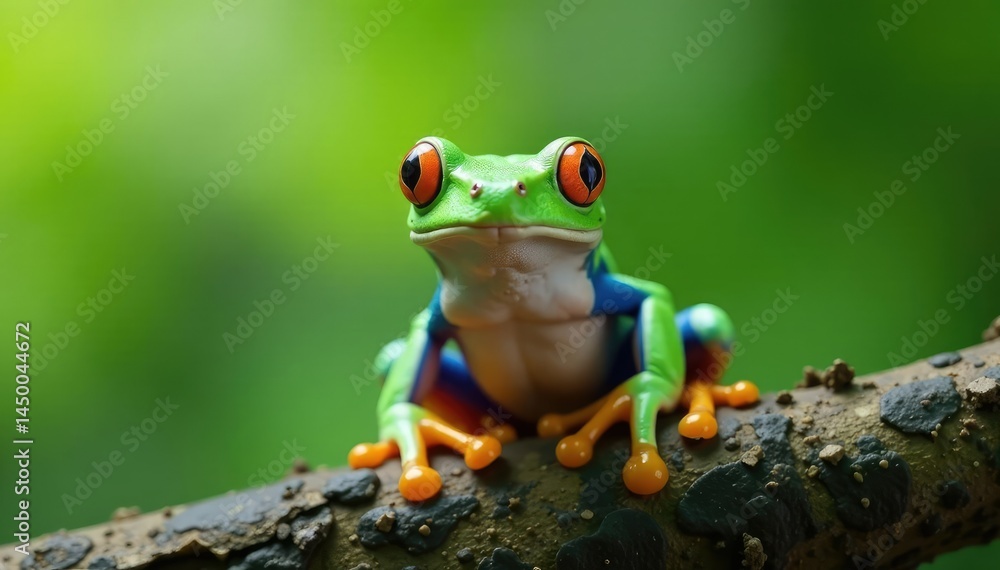 Naklejka premium Green tree frog perched on white, vibrant skin, amphibian, leaping, herpetology