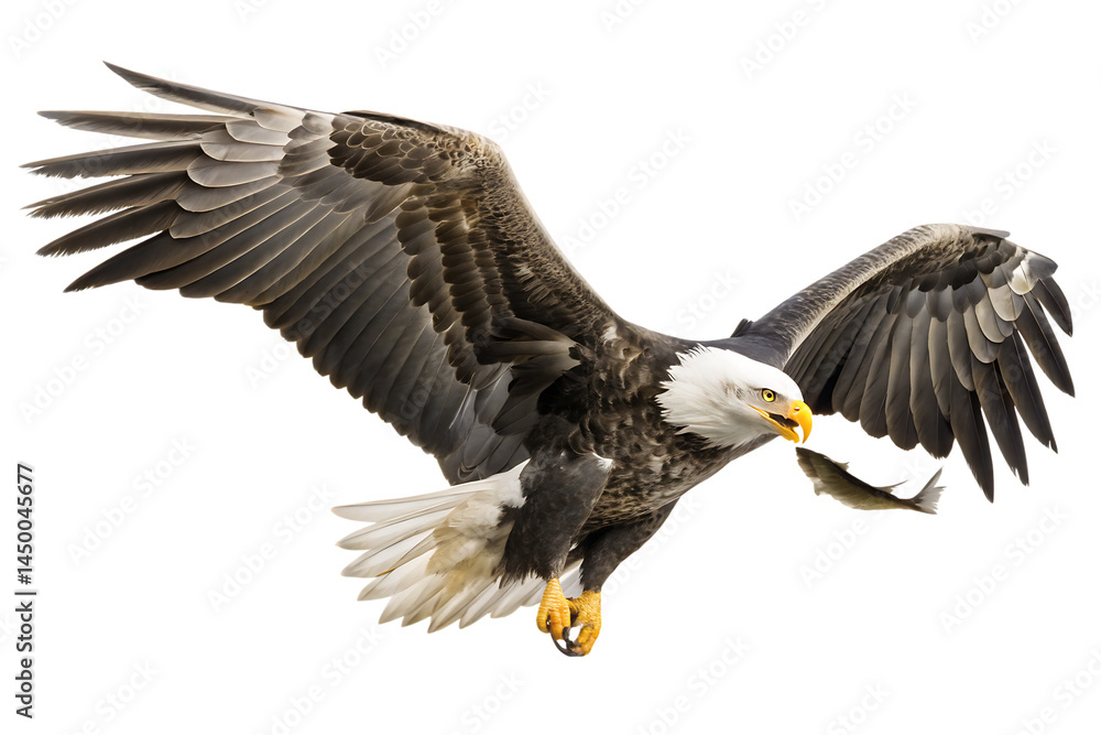 Impressive eagle with fish in talons on a clear isolated on white background PNG Impressive eagle with fish in talons on a clear isolated on white background PNG