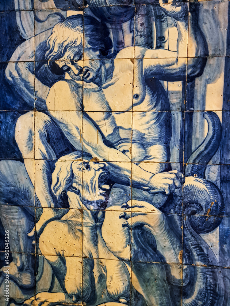 Interior and ceramic azulejos of Remedios chapel, Santuario de Nossa Senhora dos Remedios at Peniche, Portugal.