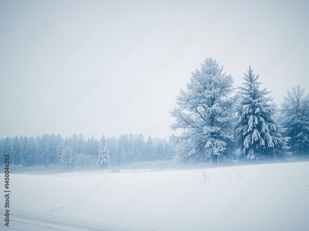 Fototapeta premium Winter Serenity: Soft Snowfall on Tranquil Landscape