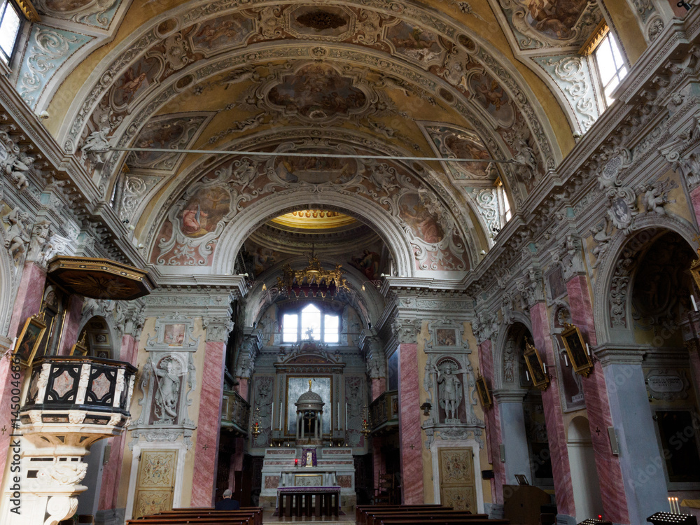 Interior of the historic San Giorgio church in Baroque style at Bonate Sotto, Bergamo province, Italy