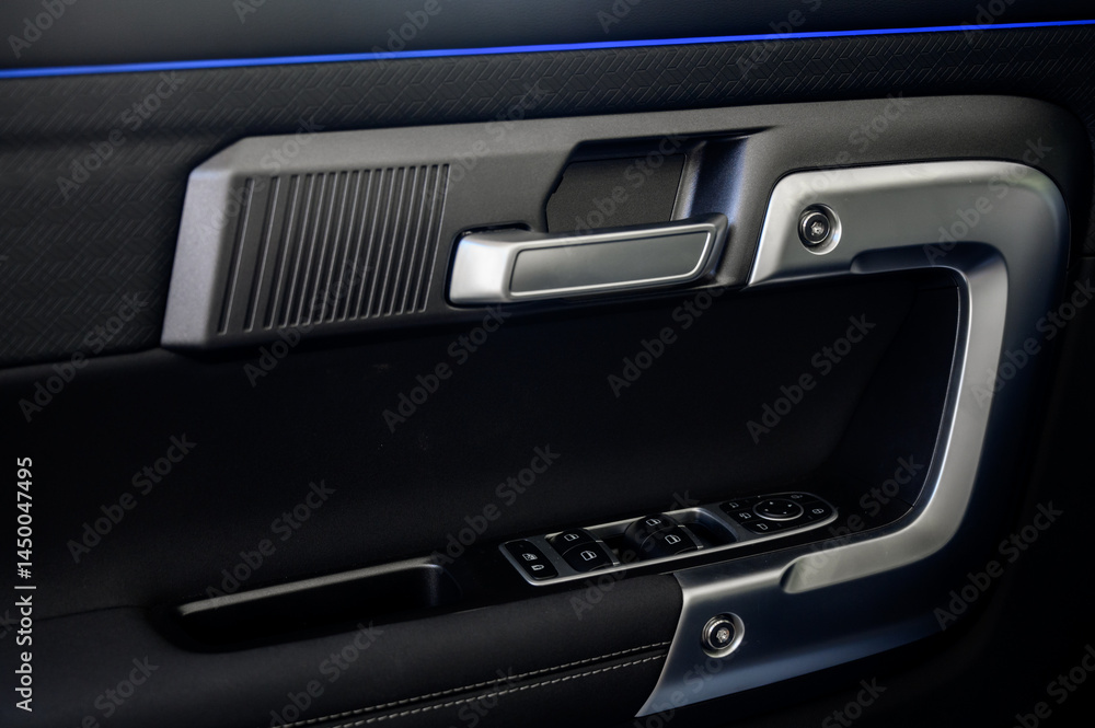 Car door with door handle and window control and adjustment button Car door with door handle and window control and adjustment button