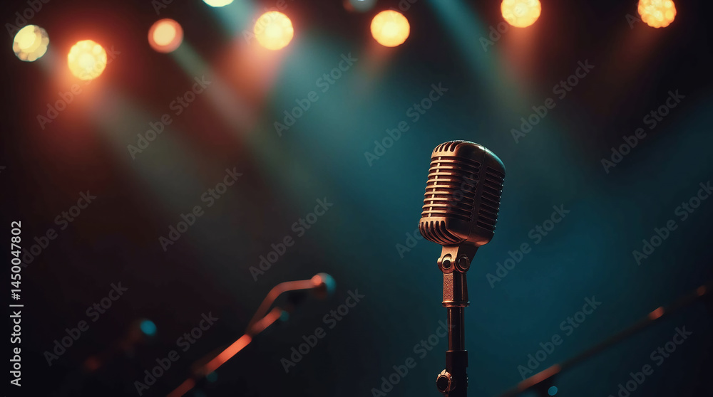 Obraz premium A close-up of a vintage silver microphone against a dramatic red and black background with glowing bokeh lights