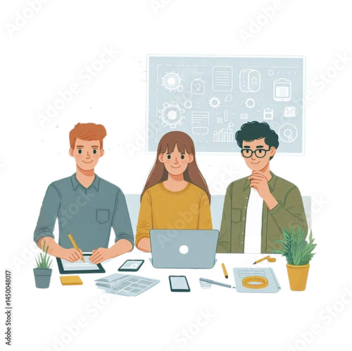 Young team members working on tech development, startup planning, or app design in a minimal flat style. Ideal for digital marketing or innovation presentations.