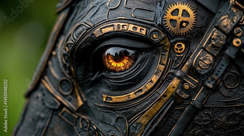 Steampunk war horse close-up with brass armor plating, glowing mechanical eye, intricate gears.