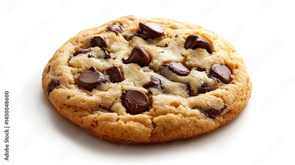 Studio close-up of a freshly baked chocolate chip cookie with melted chips, floating on an ideal white background. Studio close-up of a freshly baked chocolate chip cookie with melted chips, floating on an ideal white background.