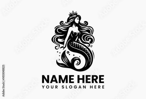 Elegant mermaid silhouette vector logo with long flowing hair and curved tail, graceful ocean-inspired design isolated on white background for fantasy and beauty branding  