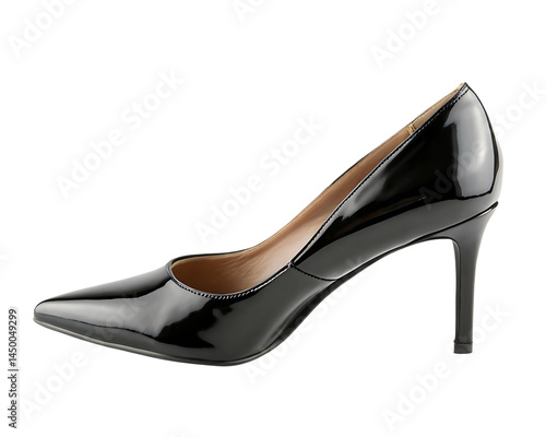 Side view of a single black women's high-heeled pump shoe isolated on white background PNG