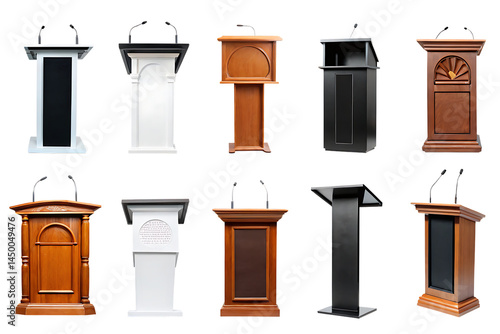 speech stand and microphone - Podium set - lectern collection - various colors, shapes and materials isolated on white background PNG