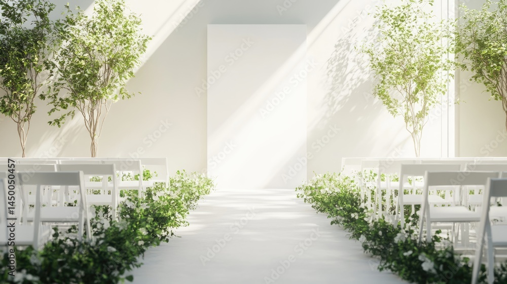 Fototapeta premium Elegant White Wedding Ceremony Venue with Greenery Decor and Sunlight