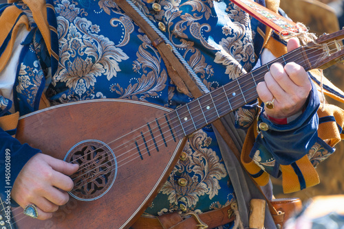 Fotografie Renaissance musician playing lute in ornate costume close-up