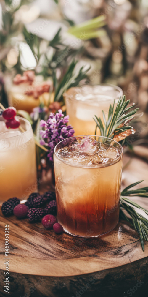 Nature cocktail garnish board. Sustainable, foraged ingredients: wild berries, pine sprigs, dried lavender, handmade herbal infusions. Background is rustic wooden table on nature