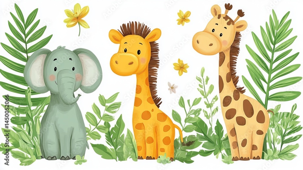 Naklejka premium Three adorable jungle animals in a lush foliage scene.