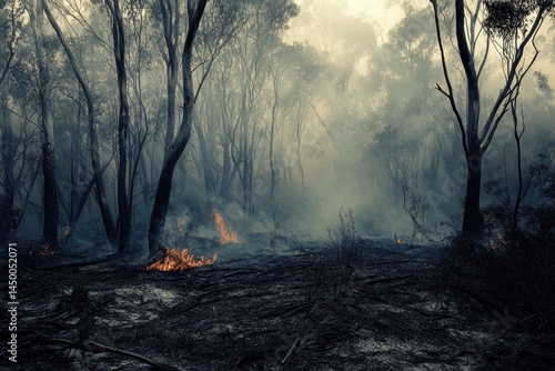Bushfire aftermath in an Australian landscape with burnt trees and smoke lingering in the air, Bushfire Australia landscape Burnt forest and damaged wild nature