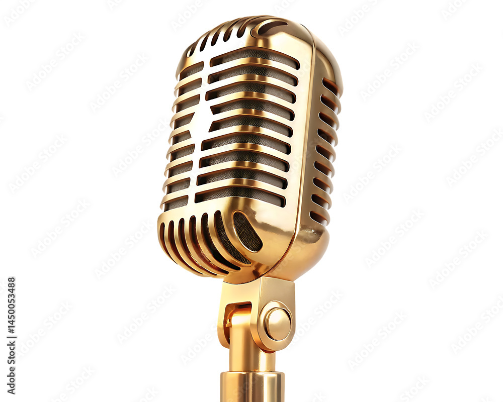 Fototapeta premium Vintage gold microphone, isolated on white background PNG