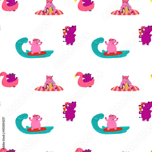 Seamless pattern with cartoon hippos enjoying summer on the beach, engaging in various fun activities like swimming, sunbathing, playing in the sand, and relaxing under umbrellas