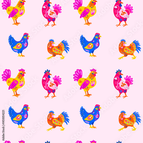 Seamless pattern with Decorative Alebrije Roosters with Bold Folk Art Patterns