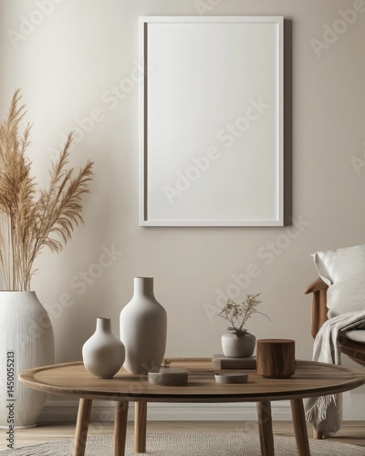 Minimalist Living Room Arrangement with Decorative Vases and Empty Frame on the Wall