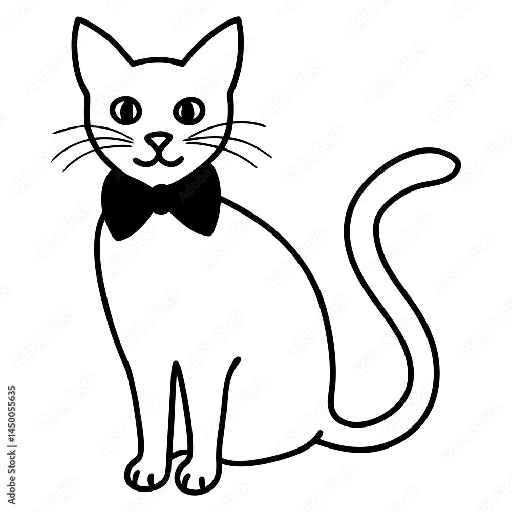Cat with Bow Tie in Elegant Pose Black Line Art Cat with Bow Tie in Elegant Pose Black Line Art