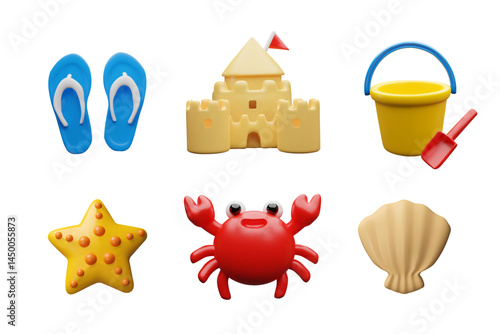 3d beach set. Three-dimensional vector collection. Crab, flip-flop, sand castle, shell, starfish, bucket and dig. Marin icons for vacation with kids. Leisure games on the coast near the sea