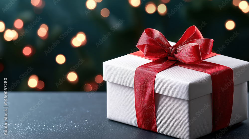 Elegant gift box with red ribbon against festive background Elegant gift box with red ribbon against festive background