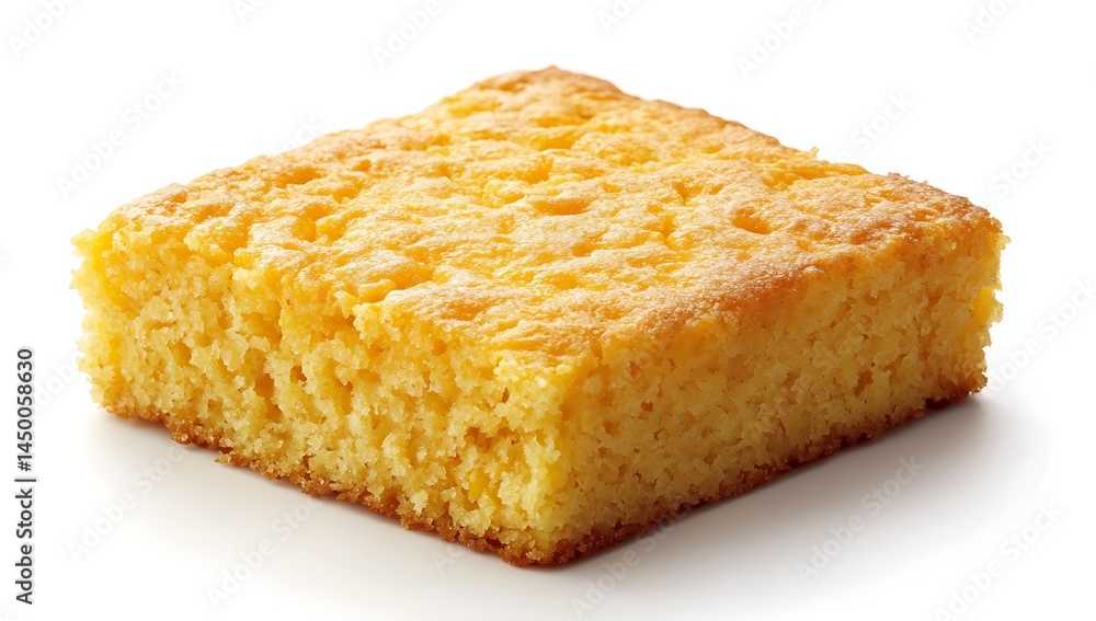 A square piece of yellow sponge cake on a white background A square piece of yellow sponge cake on a white background