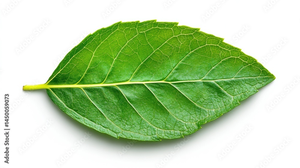 Fototapeta premium Ultra-detailed macro of a single mint leaf with visible veins, hyper-detailed clarity on an absolutely white background.