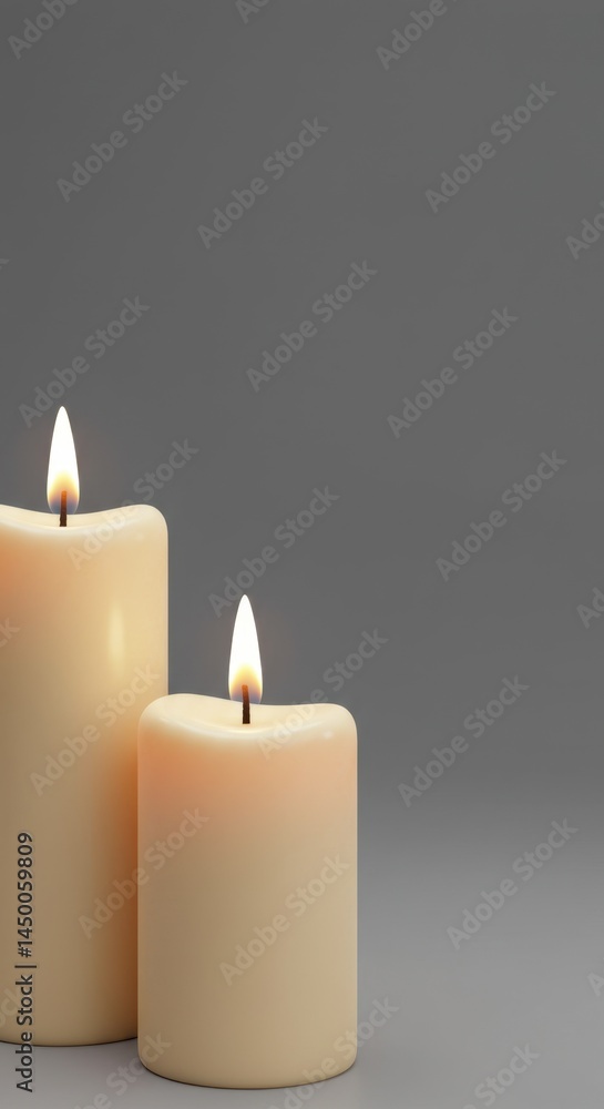 Serene Illumination Two Burning Candles on Grey Background Peaceful Atmosphere Serene Illumination Two Burning Candles on Grey Background Peaceful Atmosphere