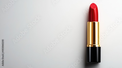 Ultra-realistic close-up of a red lipstick tube with gold casing, perfectly centered on an ideally white background.