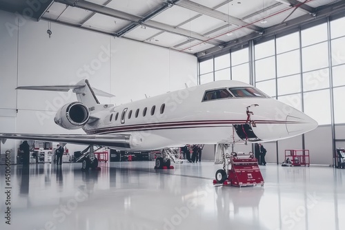 White jet aircraft in a large hangar.  Workers are servicing the plane.  High ceilings and large windows