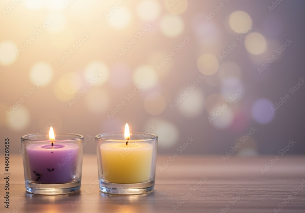 Two Lit Candles on Wooden Table with Bokeh Background Peaceful Atmosphere Relaxation and Tranquility Two Lit Candles on Wooden Table with Bokeh Background Peaceful Atmosphere Relaxation and Tranquility