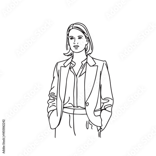 Standing woman in suit vector art – business woman silhouette – business woman vector – business woman doodle – office illustration – business woman line art

