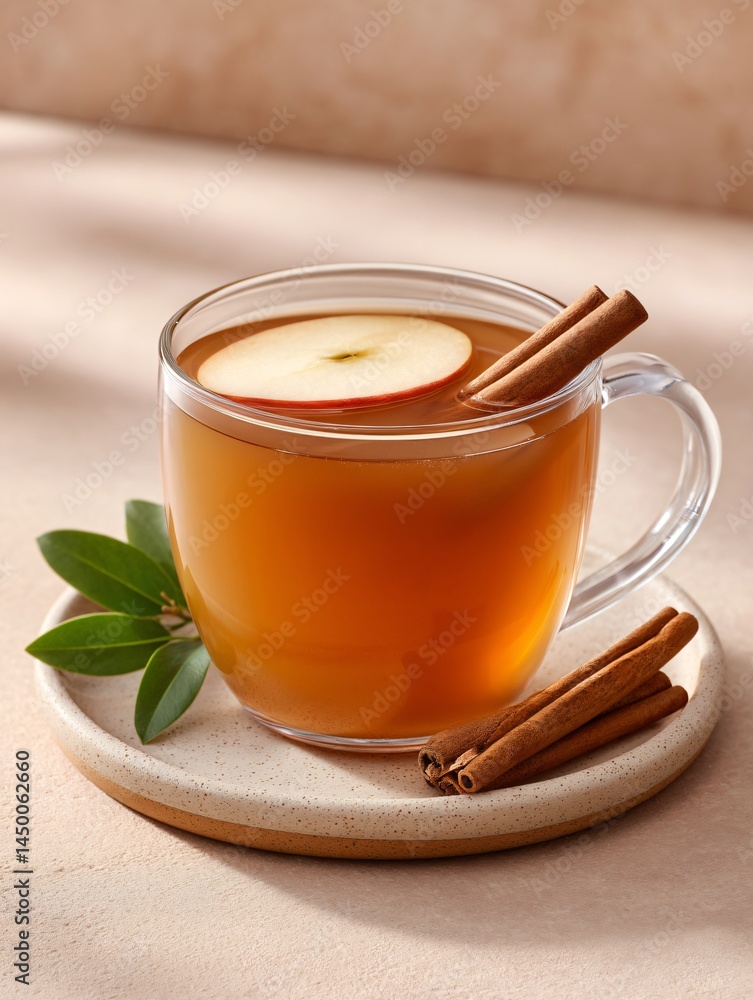 A cinnamon apple mocktail in a clear mug on a warm ivory platform under soft studio glow highlighting apple slice rings and cinnamon stick texture in crisp stop motion effect A cinnamon apple mocktail in a clear mug on a warm ivory platform under soft studio glow highlighting apple slice rings and cinnamon stick texture in crisp stop motion effect