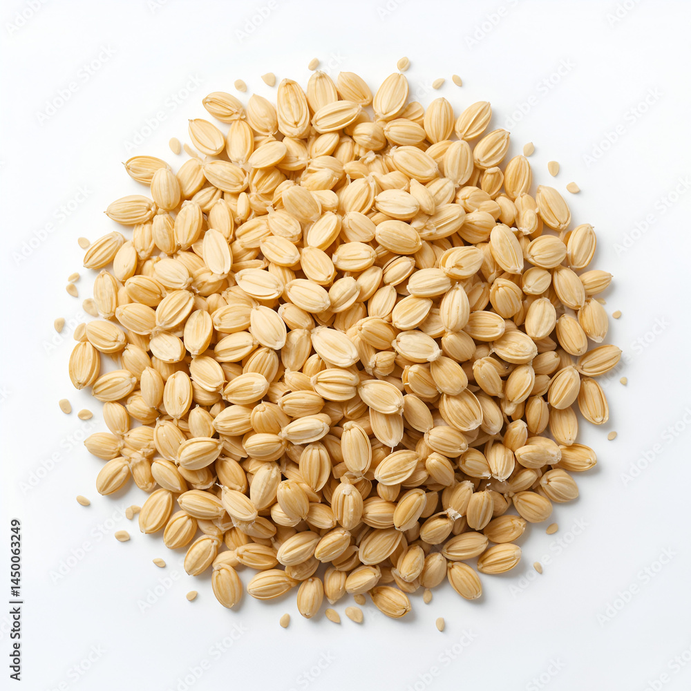 Pile unpeeled oat grains isolated on white, top view Pile unpeeled oat grains isolated on white, top view