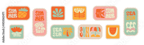 Vintage inspired postage stamp set themed around summer travel and beach vacations. Retro style postal labels with handwritten lettering, depicting seaside tourism and seasonal holiday vibes. Vector.
