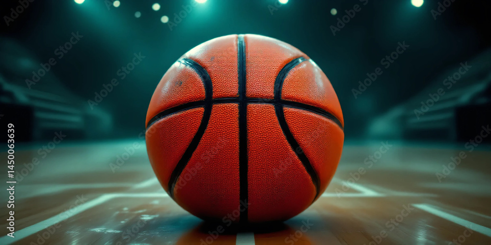 Photo of Basketball on Polished Indoor Court with Cinematic Lighting – Ideal for Sports Advertising, Editorials, or Athletic Brand Campaigns Photo of Basketball on Polished Indoor Court with Cinematic Lighting – Ideal for Sports Advertising, Editorials, or Athletic Brand Campaigns