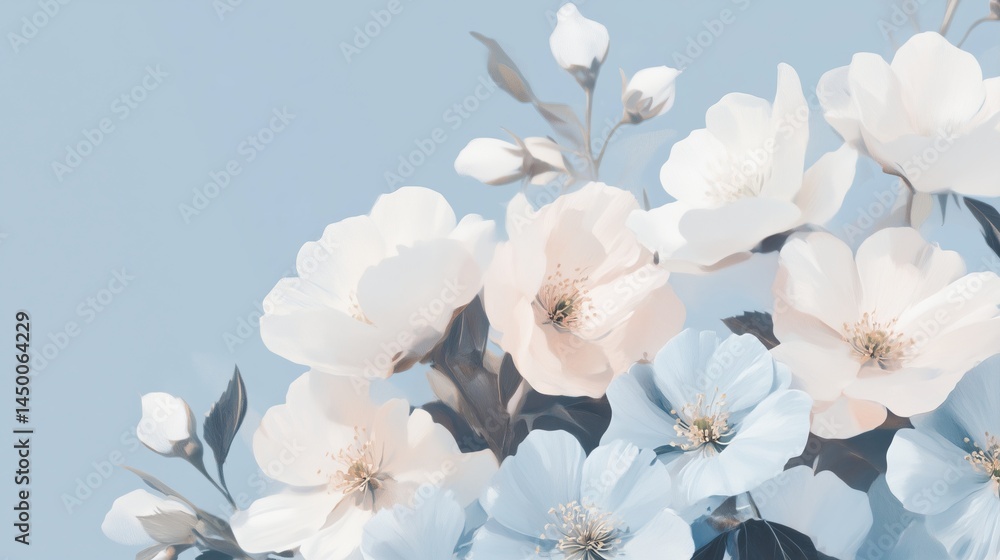Fototapeta premium Peach, White, Blue Blossoms Spring Floral Illustration