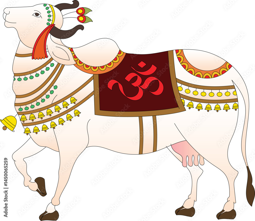 Obraz premium Holy cow in Kalamkari Indian traditional folk art on linen fabrics. It can be used for a coloring book, textile/ fabric prints, a phone case, greeting card. logo, calendar 