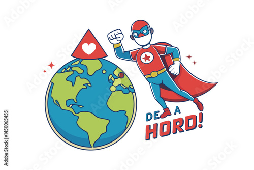 Superhero figure flying above the globe, raising awareness for blood donation with a heart shaped drop symbol Blood donation day