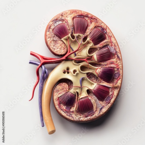 Detailed Anatomical Illustration of the Kidney and Its Surrounding Organs Highlighting Their Function and Structure in a Clinical and Educational Context