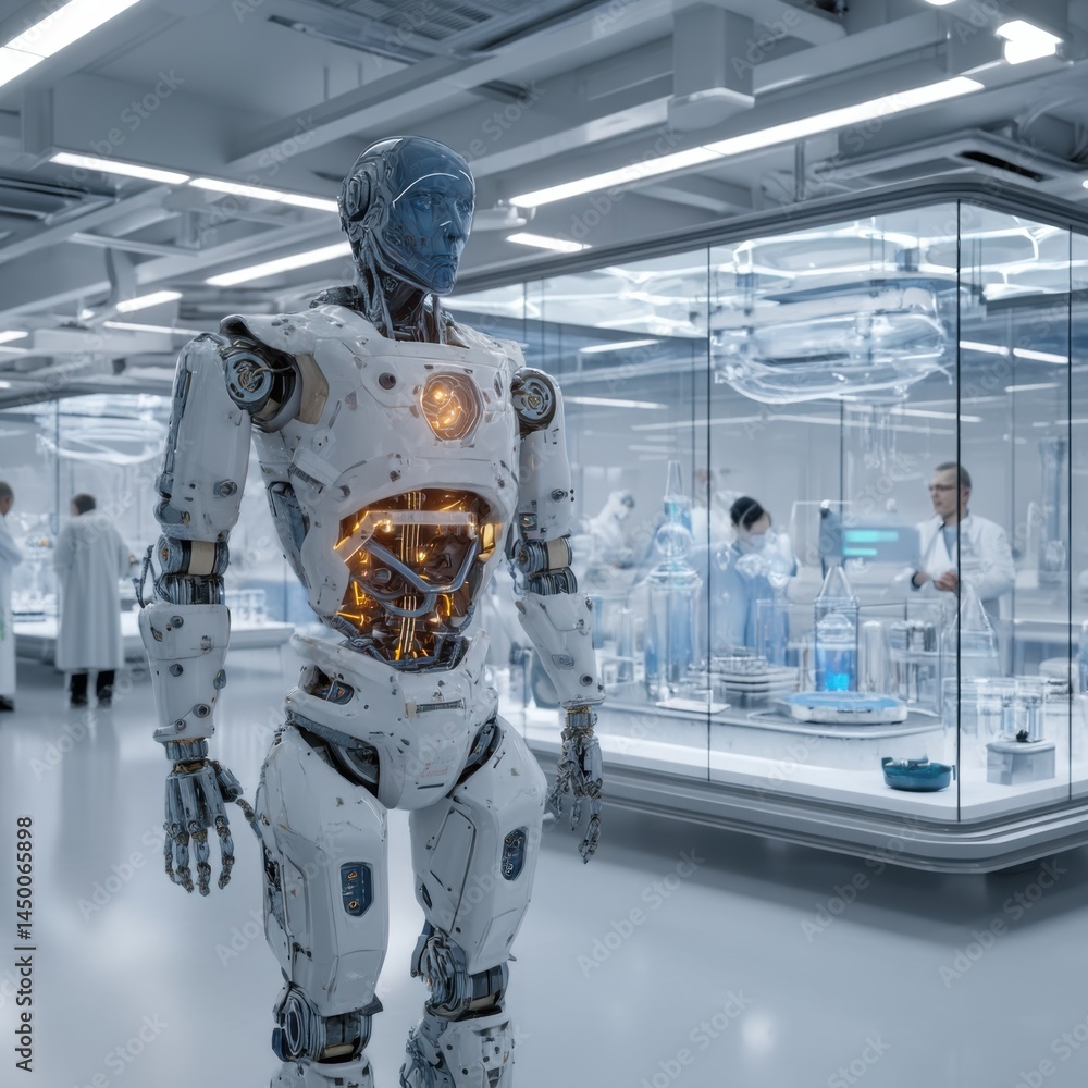 Futuristic Robot Engaged in Complex Experiments Inside a High-Tech Laboratory Environment with Advanced Equipment and Bright Illuminated Space