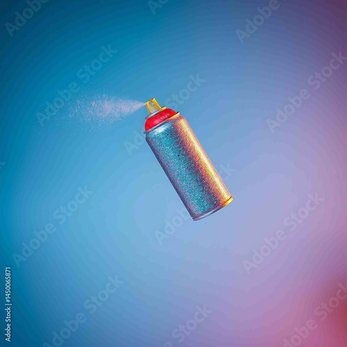 A solitary, vibrant spray can suspended in mid-air, its metallic body glinting with a subtle sheen, surrounded by a faint mist of colorful droplets, as if it has just been shaken and is releasing a bu